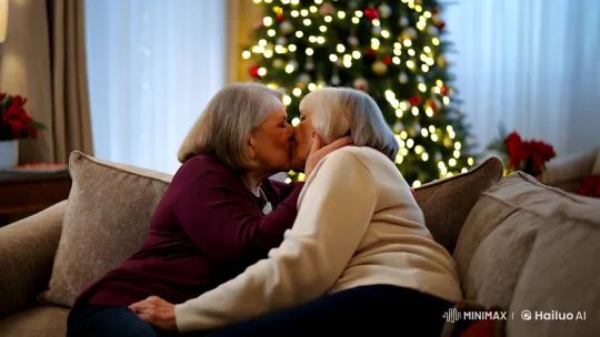 Christmas Scene: Elderly Women Share Intimate Kiss – AI Generated Video | Hailuo AI