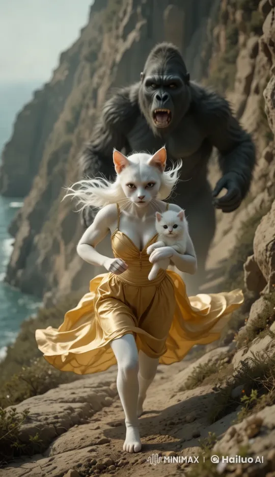 Cat Woman Fleeing with Kitten from Chasing Gorilla – AI Generated Video | Hailuo AI