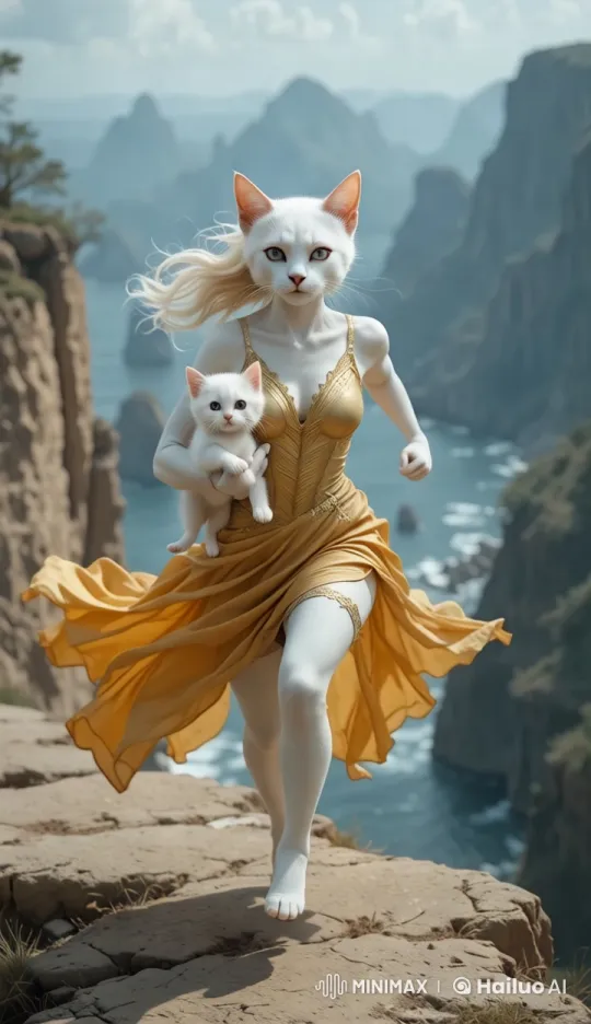 White Cat Woman Runs with Kitten on Dramatic Cliffs – AI Generated Video | Hailuo AI