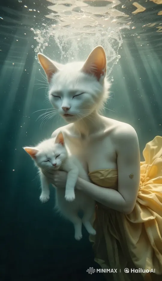 Underwater Serenity: Cat Woman and Kitten in Golden Light – AI Generated Video | Hailuo AI