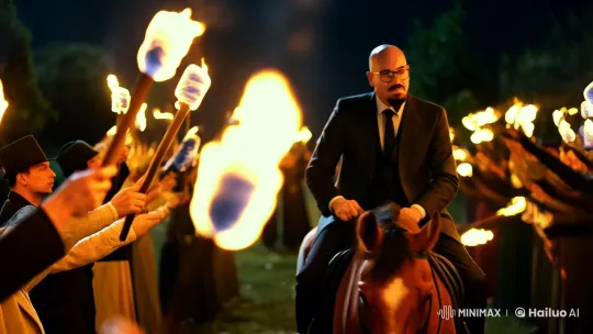 Mysterious Horseback Ride by a Mustached Man in the Night – AI Generated Video | Hailuo AI