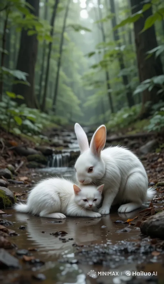 White Rabbit Approaches Wet Kitten in Serene Forest – AI Generated Video | Hailuo AI