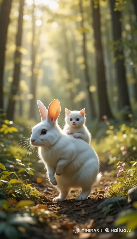 White Rabbit and Kitten in Serene Forest Journey – AI Generated Video | Hailuo AI