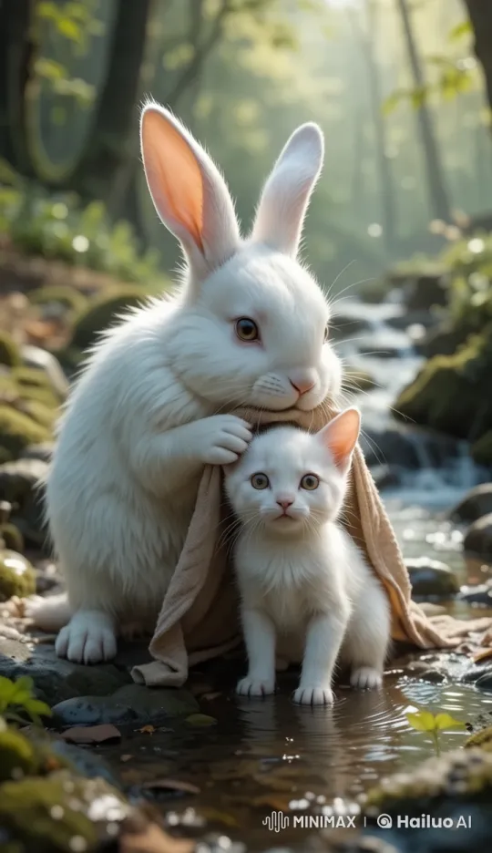 White Rabbit Comforts Kitten in Serene Forest – AI Generated Video | Hailuo AI