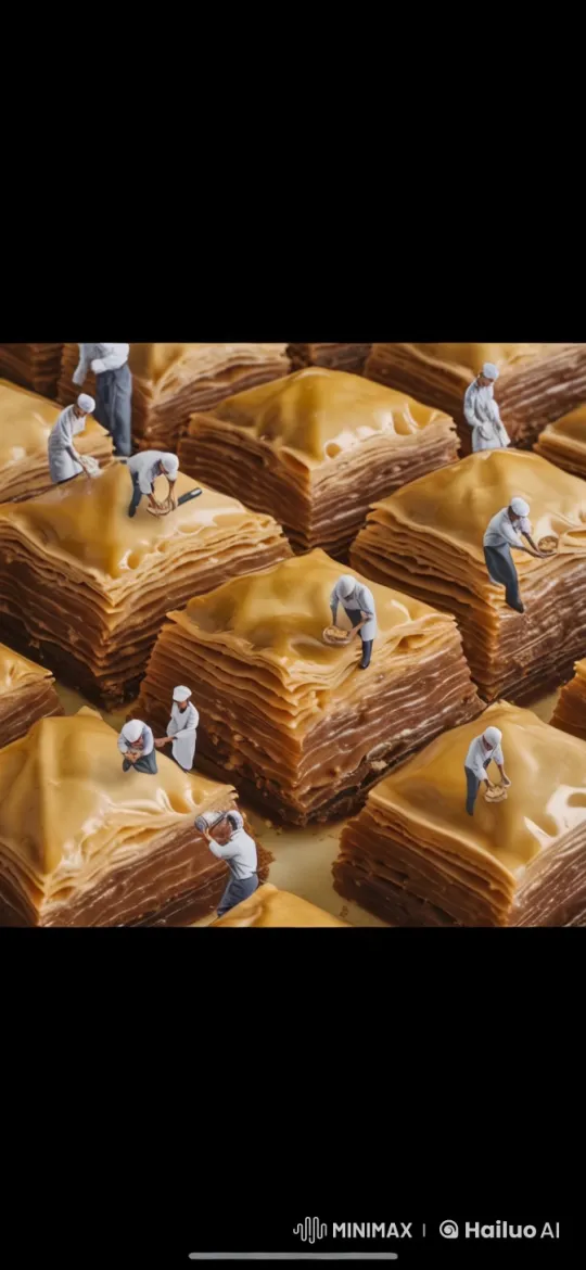 Aesthetic Display of Caramel Pastries with Miniature Workers – AI Generated Video | Hailuo AI