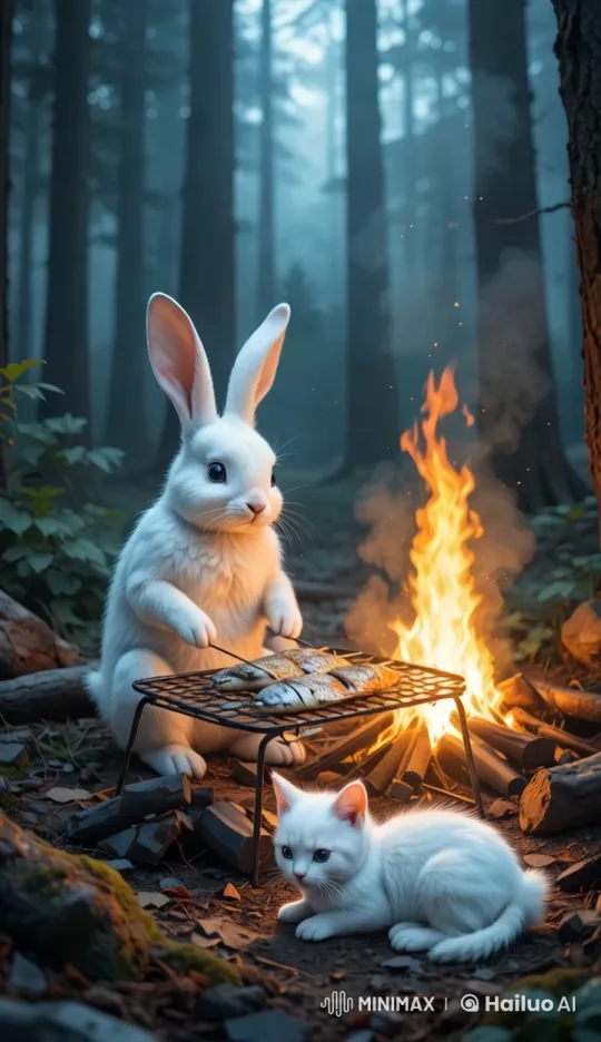 White Rabbit and Kitten Enjoy Campfire in Misty Forest – AI Generated Video | Hailuo AI