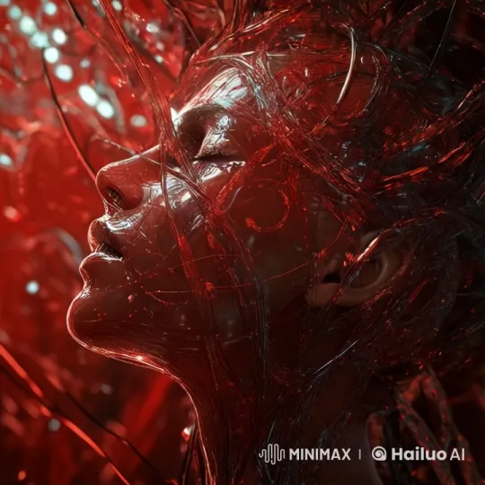 Human Figure in Red Tendrils with Surrendering Expression – AI Generated Video | Hailuo AI