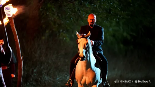 Bald Man in Suit Rides Horse at Night with Torches – AI Generated Video | Hailuo AI