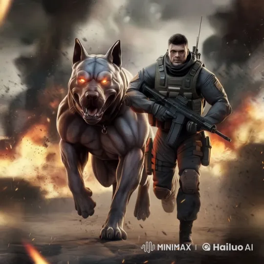 Soldier and Dog Charge Through Fiery Battlefield – AI Generated Video | Hailuo AI