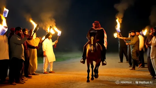 Dramatic Night Ride: Man on Horseback with Torches – AI Generated Video | Hailuo AI