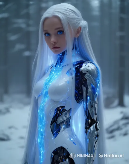 Futuristic Cyborg in Serene Snowy Forest – AI Generated Video | Hailuo AI