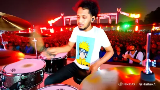 Skinny Drummer Captivates Crowd at Vibrant Night Concert – AI Generated Video | Hailuo AI