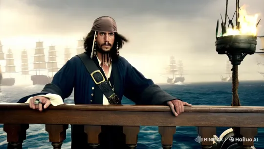 Jack Sparrow Stands Firm Amidst Sea Storm and Warships – AI Generated Video | Hailuo AI