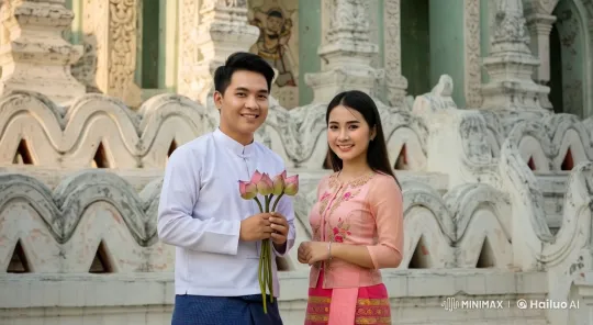 Myanmar Couple in Front of Ancient Temple – AI Generated Video | Hailuo AI
