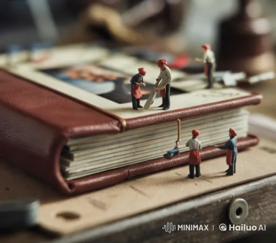 Miniature Craftsmen Detailing a Giant Leather-bound Book – AI Generated Video | Hailuo AI