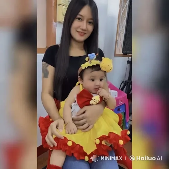 Young Woman and Baby in Cozy Room with Colorful Outfit – AI Generated Video | Hailuo AI