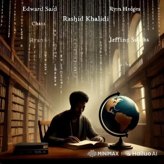Scholarly Figure in Grand Library with Digital Text and Rotating Globe – AI Generated Video | Hailuo AI