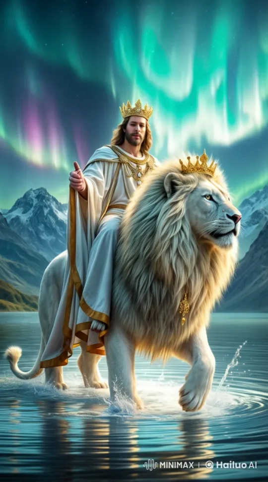 Royal Figure Rides Majestic Lion Under Northern Lights – AI Generated Video | Hailuo AI