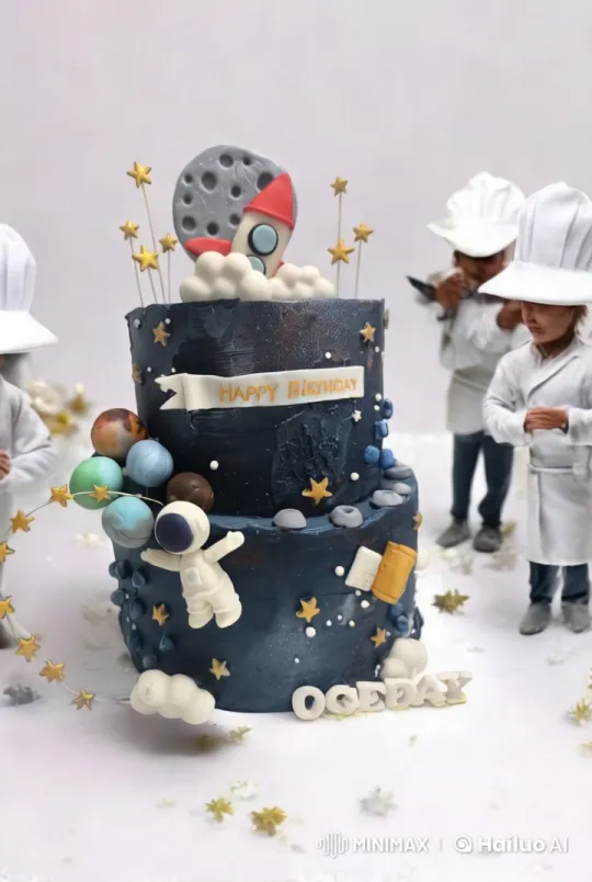 Space-Themed Birthday Cake Artistry by Young Chefs – AI Generated Video | Hailuo AI