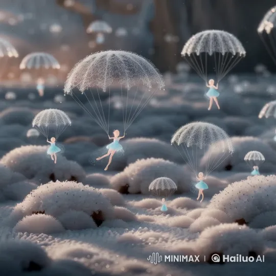 Fairies Descend with Lace Parachutes in Enchanted Snowscape – AI Generated Video | Hailuo AI