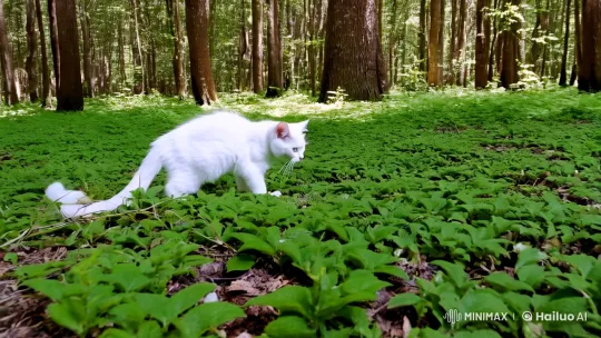White Kitten Gracefully Navigates Lush Forest in 8K – AI Generated Video | Hailuo AI