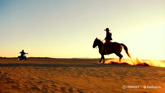 Cowboy and Biker Race in Desert's Golden Light – AI Generated Video | Hailuo AI