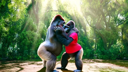 Gorillas Affectionately Embrace in Verdant Sanctuary – AI Generated Video | Hailuo AI