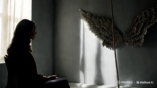 Contemplative Woman and Shadowed Angel Wings – AI Generated Video | Hailuo AI