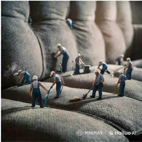 Miniature Workers Detail Clean a Textured Sofa – AI Generated Video | Hailuo AI