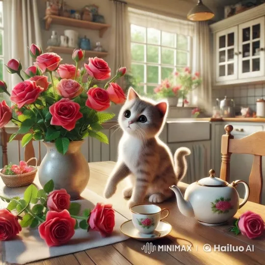Charming Kitten Arranges Flowers in Cozy Kitchen – AI Generated Video | Hailuo AI