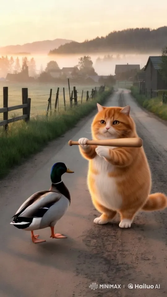 Rural Dawn: Cat Strikes Unconscious Duck with Stick – AI Generated Video | Hailuo AI