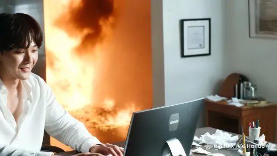 Man Calmly Types Amidst Office Inferno – AI Generated Video | Hailuo AI