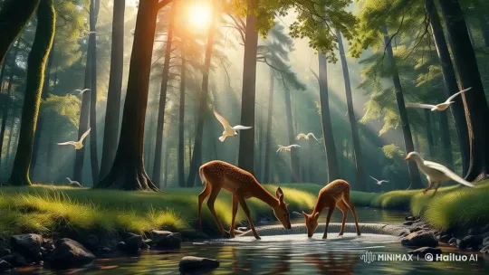 Peaceful Deer by Stream in Golden Forest – AI Generated Video | Hailuo AI