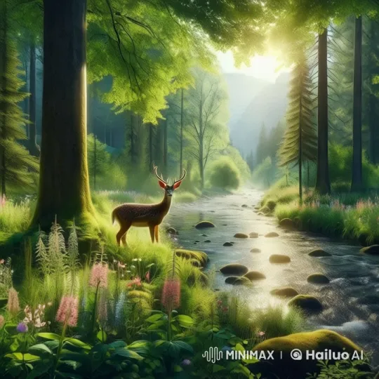 Tranquil Forest with Majestic Deer and Glittering Stream – AI Generated Video | Hailuo AI