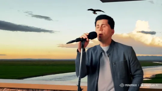 Singing Man Performer Amidst Serene Steppe Dawn – AI Generated Video | Hailuo AI