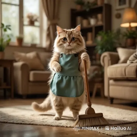 Cute Cat Cleans House in Peaceful Living Room – AI Generated Video | Hailuo AI