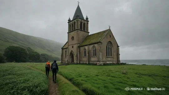 Hikers Approach Timeless Church in Picturesque Landscape – AI Generated Video | Hailuo AI