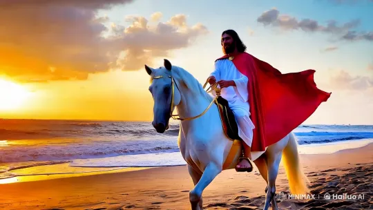 Jesus on White Horse Amidst Golden Beach Sunset – AI Generated Video | Hailuo AI