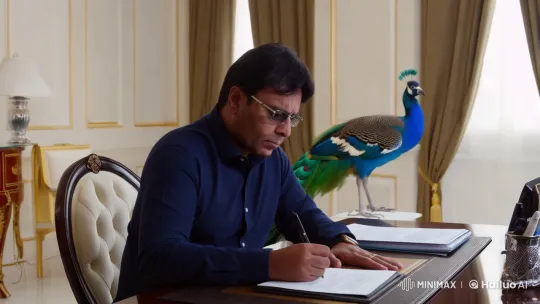 Man Writes at Desk in Luxury Room with Peacock Background – AI Generated Video | Hailuo AI