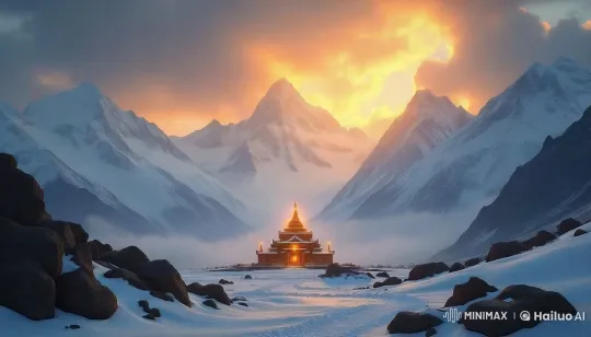 Sunset Over Snow-Covered Temple in Majestic Mountains – AI Generated Video | Hailuo AI