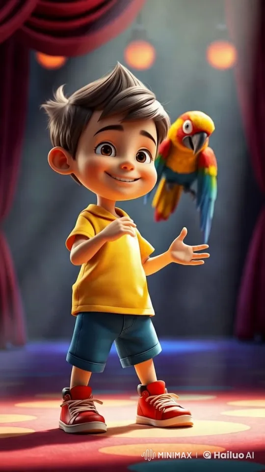 Boy and Parrot on Stage in Pixar-Style Animation – AI Generated Video | Hailuo AI