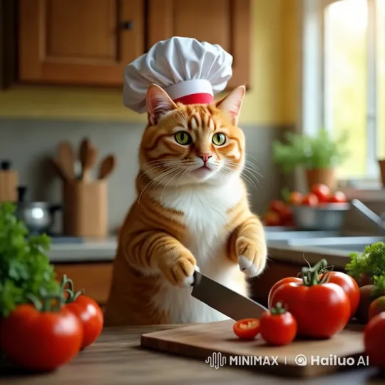 Ginger Cat Chef Slices Tomatoes in Sunny Kitchen – AI Generated Video | Hailuo AI