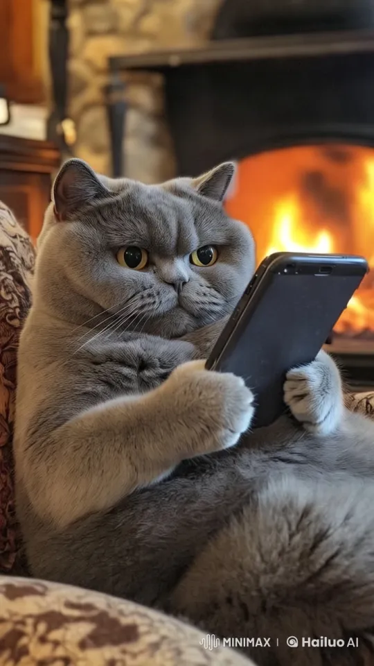 Fluffy Cat Typing with Cocktail by Fireplace – AI Generated Video | Hailuo AI