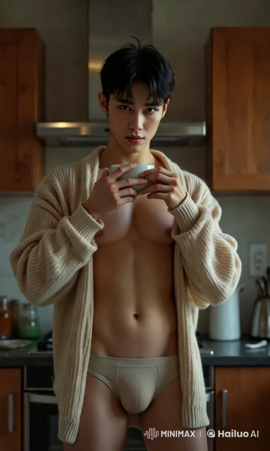 Asian Man Enjoying Coffee in Modern Kitchen – AI Generated Video | Hailuo AI