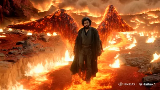 Man with Fiery Wings Marches Through Hellish Landscape – AI Generated Video | Hailuo AI