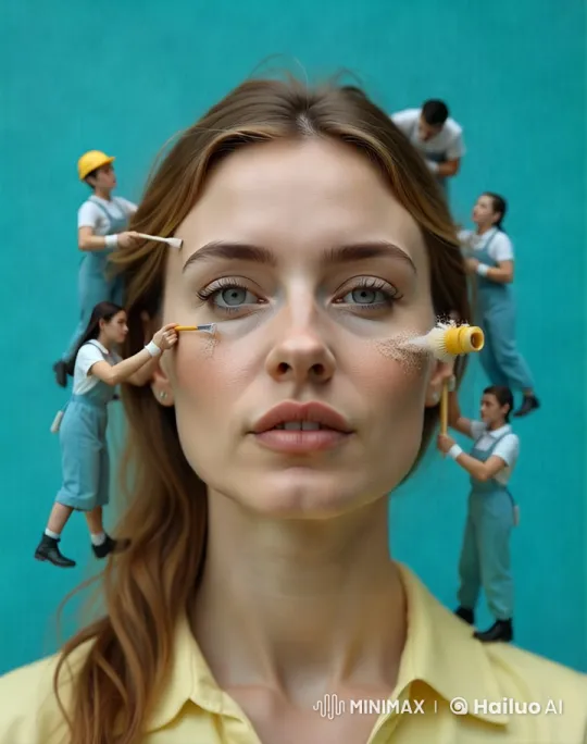 Miniature Makeup: Tiny Workers on a Woman's Face – AI Generated Video | Hailuo AI