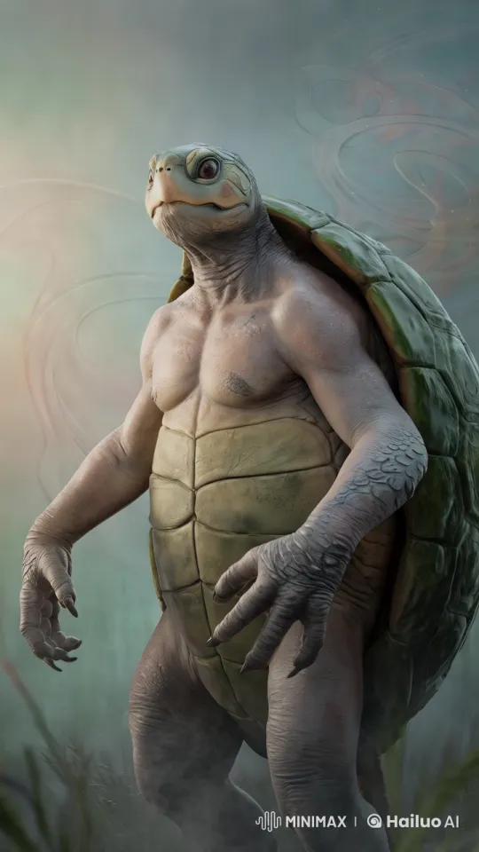 Humanoid Turtle Glides Gracefully in Ethereal Environment – AI Generated Video | Hailuo AI
