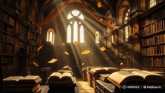 Magical Ancient Library with Floating Pages – AI Generated Video | Hailuo AI