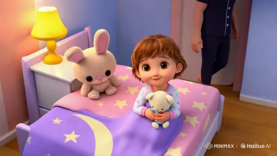 Cozy Childhood Bedroom Scene with Child, Parents, and Stuffed Animal – AI Generated Video | Hailuo AI
