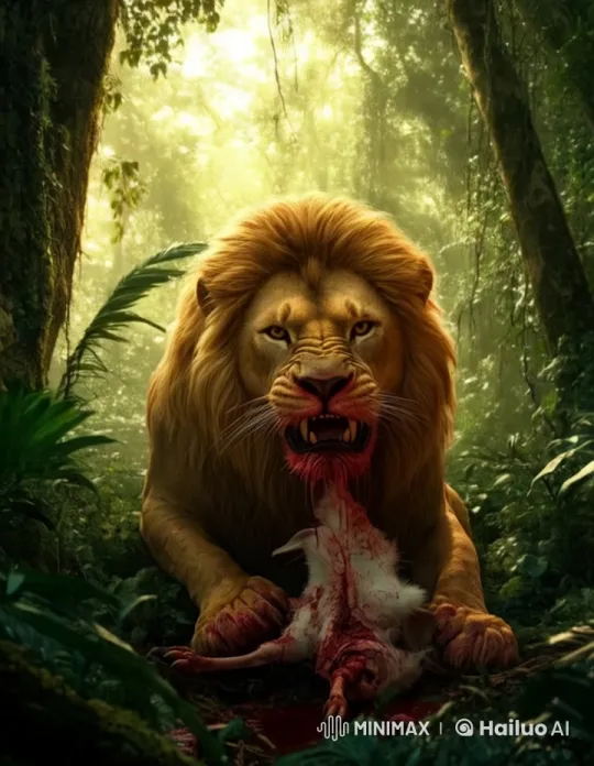 African Lion Devours Prey in Vibrant Forest Setting – AI Generated Video | Hailuo AI